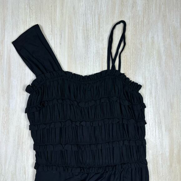 Anthropologie Leifnotes Black One Shoulder Ruffle Divergent Mock Wrap Dress S - Picture 2 of 14